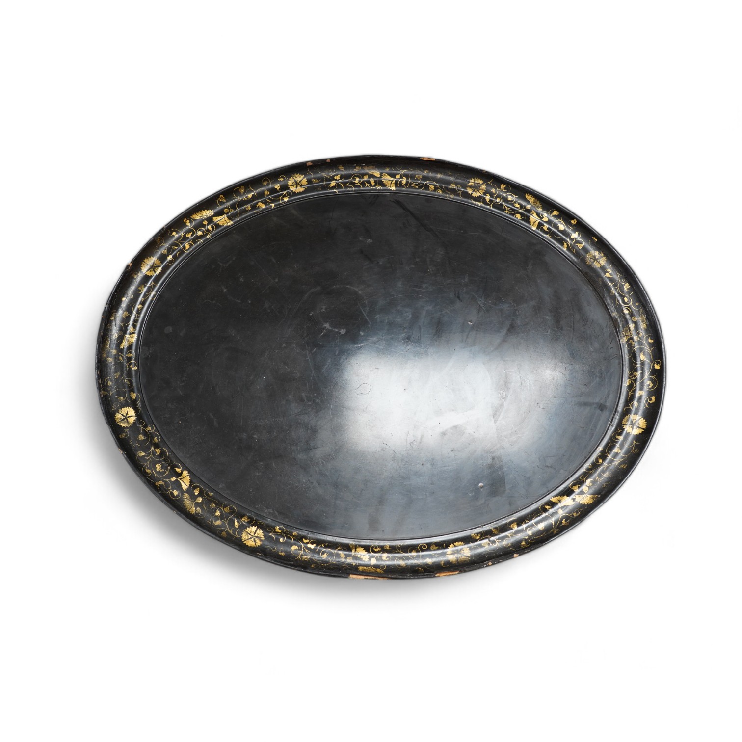 A Victorian paper mache tray with gilt decorated border, 51 x 63cm. Condition - poor to fair